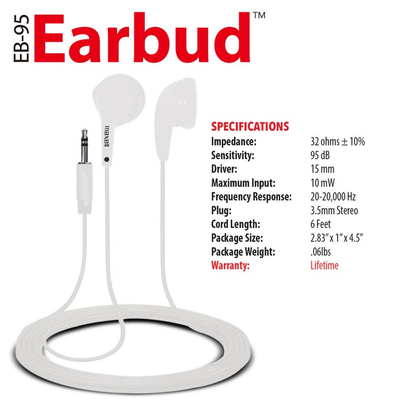 Maxell 190599 Dynamic Sound Wired Lightweight Extended Use Design Stereo Ear Bud - White (Value) - Image 3